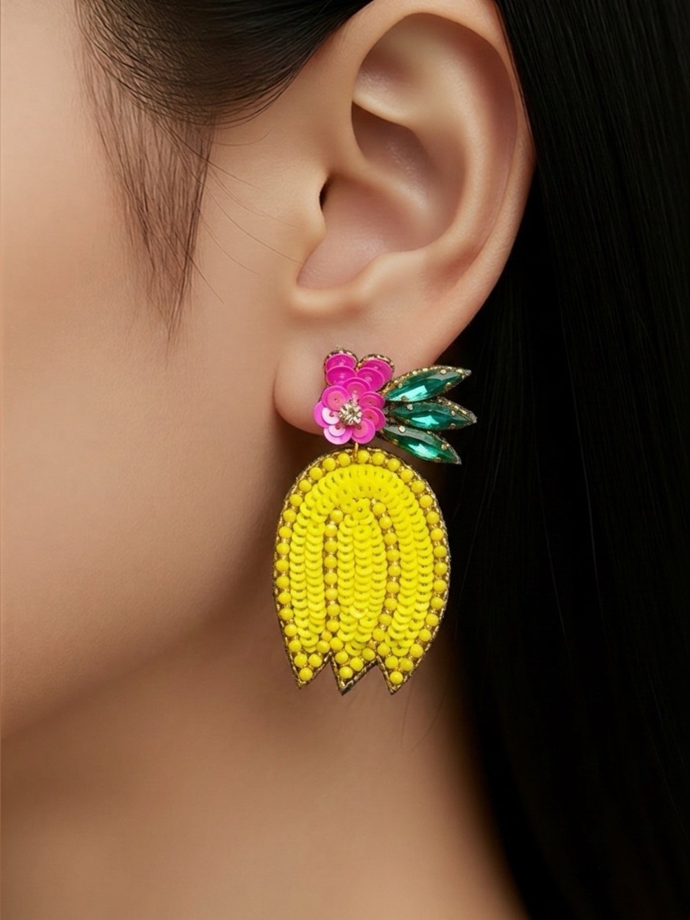 Tropical Beaded Yellow‎ Banana & Floral Statement Earrings